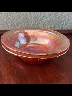 Vintage Federal Glass Normandie Bouquet Lattice Marigold Iridescent Fruit Bowls